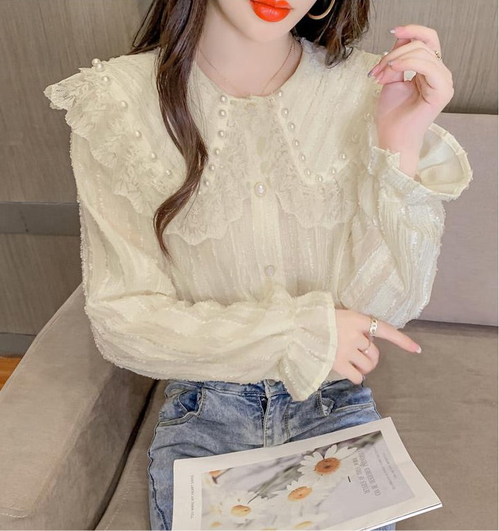 Light Academia Pearl Shirt Vintage style pearl decorated blouse