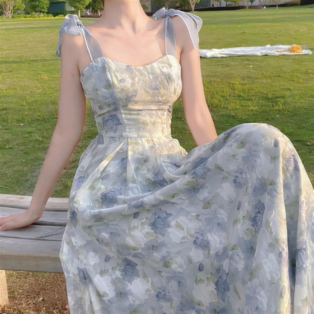 Meadow Dance Romantic Blue Floral Fairycore Dress 