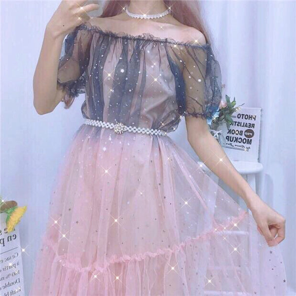 Midnight Blush Star Sequin Embellished Tulle Fairy Dress 