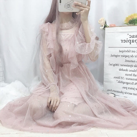 Misty Rose Star Embellished Kawaii Princess Tulle Fairy Dress 
