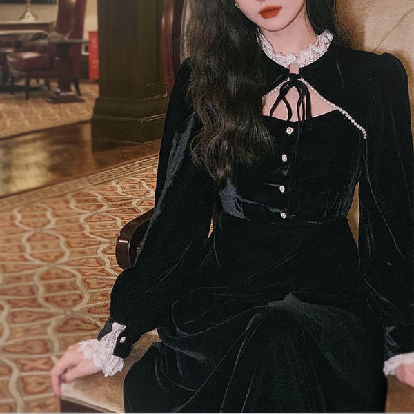Mystia Black Velvet Lace Dark Witchy Academia Dress 