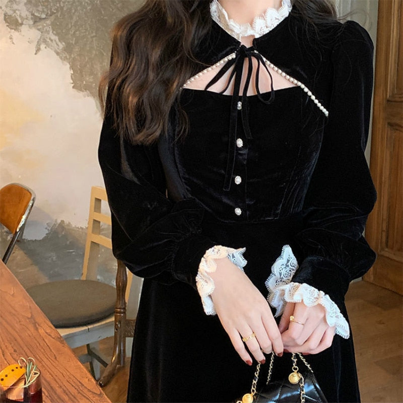 Black Velvet Lace Dark Witchy Academia Dress Witchcore Aesthetic