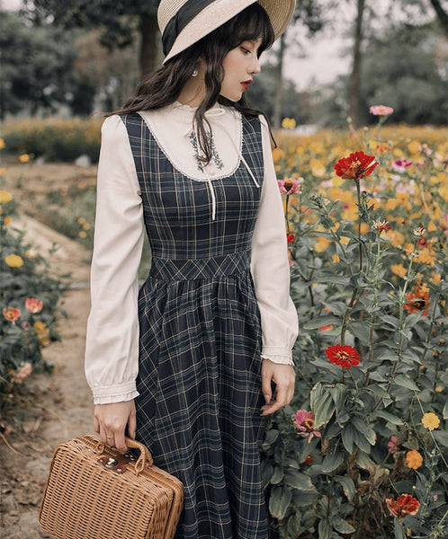 Nettle Leaf Cotton Plaid Cottage Witch Cottagecore Dress 