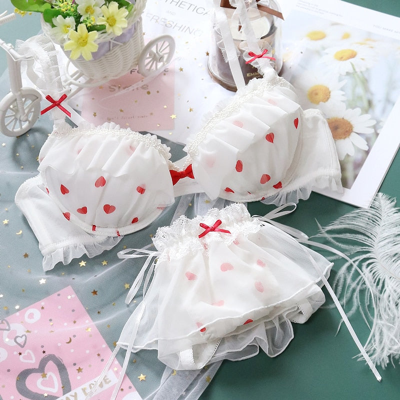 Nymphette Heart Ruffle 2-piece Kawaii Princess Lolita Nymphet Lingerie Set 