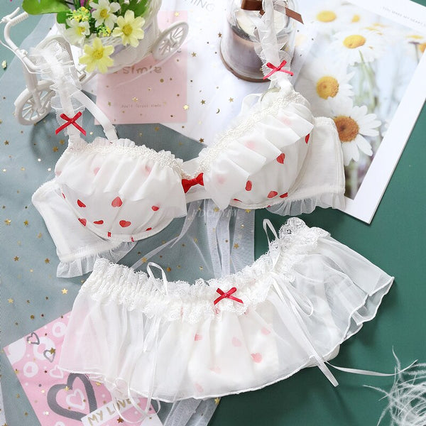 Nymphette Heart Ruffle 2-piece Kawaii Princess Lolita Nymphet Lingerie Set 