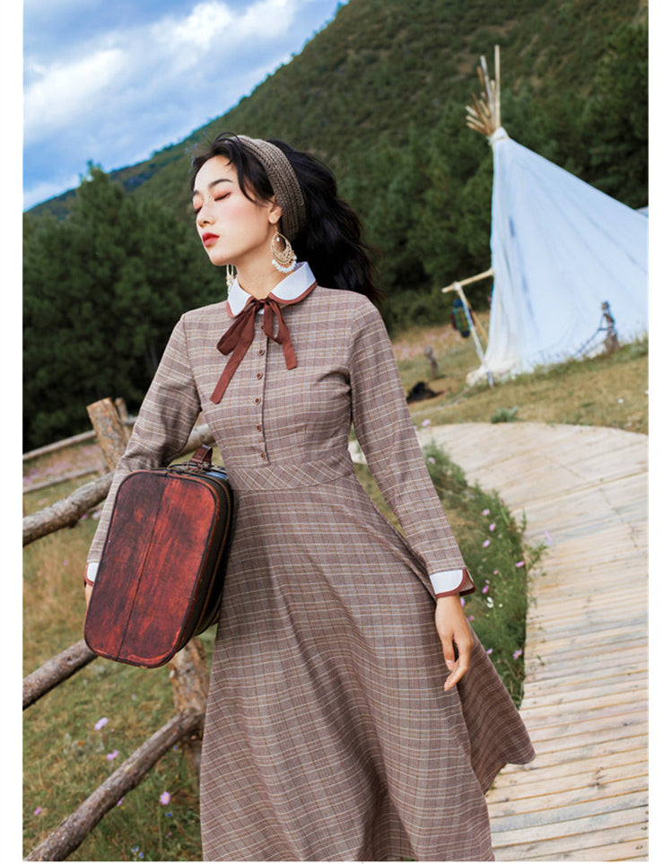On The Long Road Plaid Dark Academia Dress 