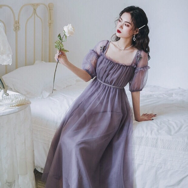 Romantic Vintage Style Purple Lavender Summer Dress Soft Girl Aesthetic