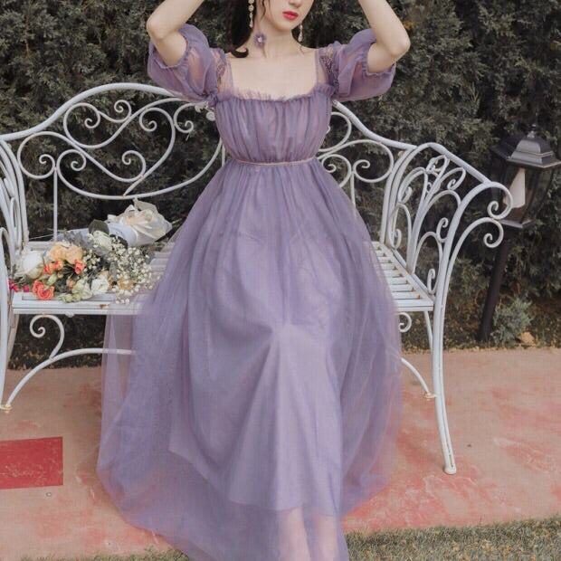 Romantic Vintage Style Purple Lavender Summer Dress Soft Girl Aesthetic