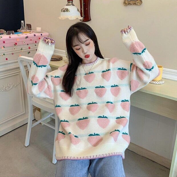 Pastel Kawaii Aesthetic Pink Strawberry Kawaii Sweater Asian fashion shop