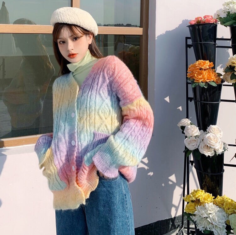 Pastel Rainbow Kawaii Aesthetic Cardigan Sweater 
