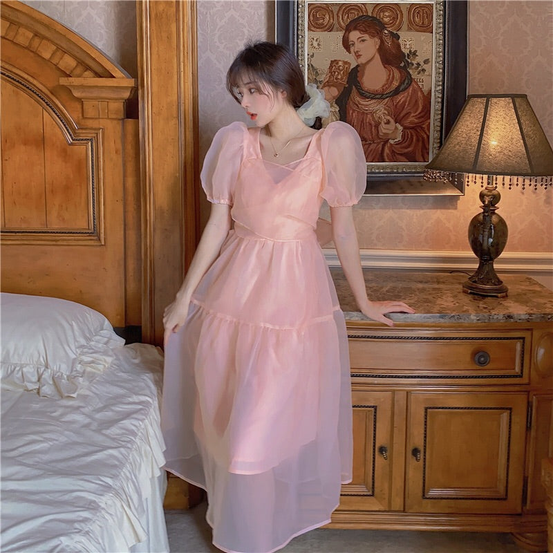 Peach Pink Kawaii Princess Dress Soft Girl Cottagecore Aesthetic Shop