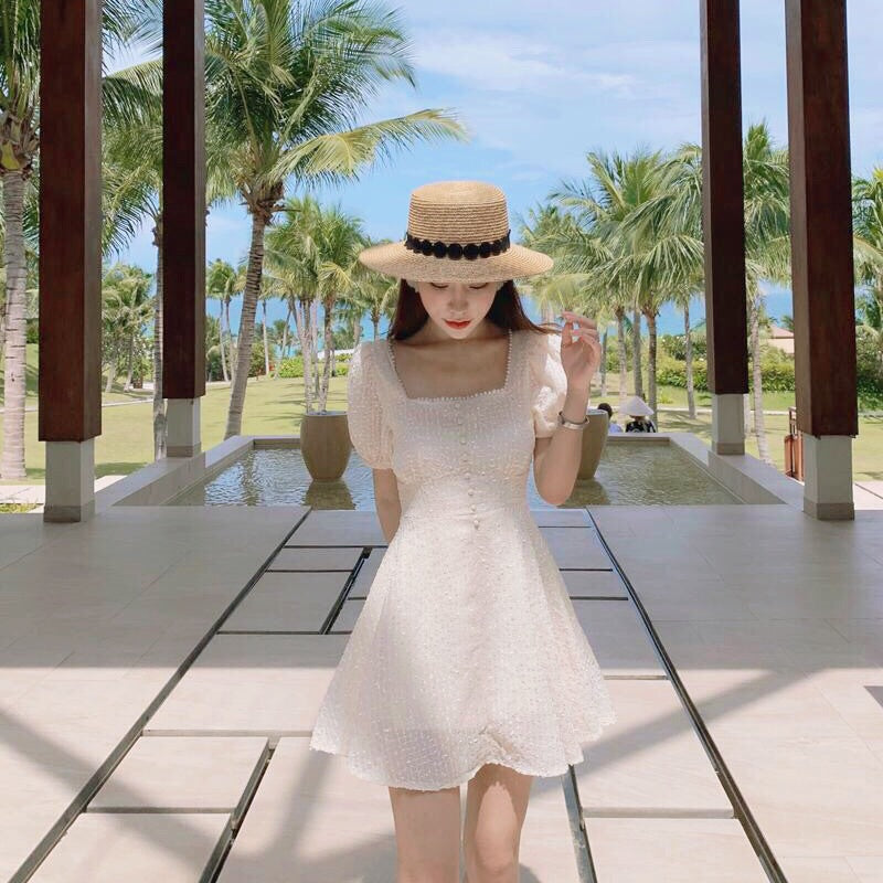 Peach Moon Pearl Embroidered Chiffon Spring Mini Dress 
