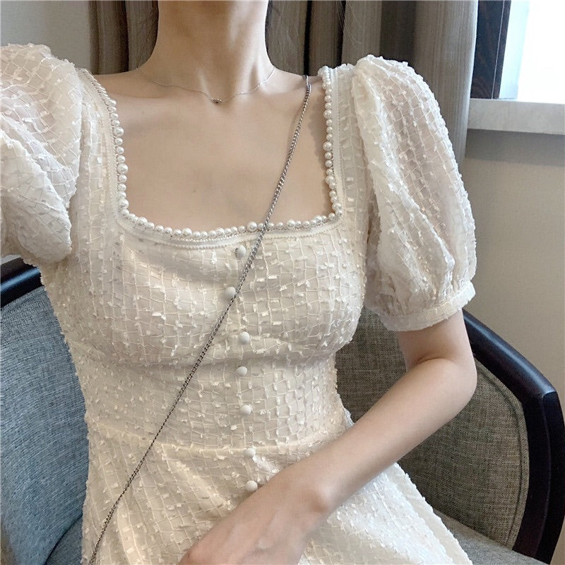 Peach Moon Pearl Embroidered Chiffon Spring Mini Dress 
