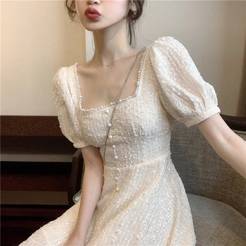 Peach Moon Pearl Embroidered Chiffon Spring Mini Dress 