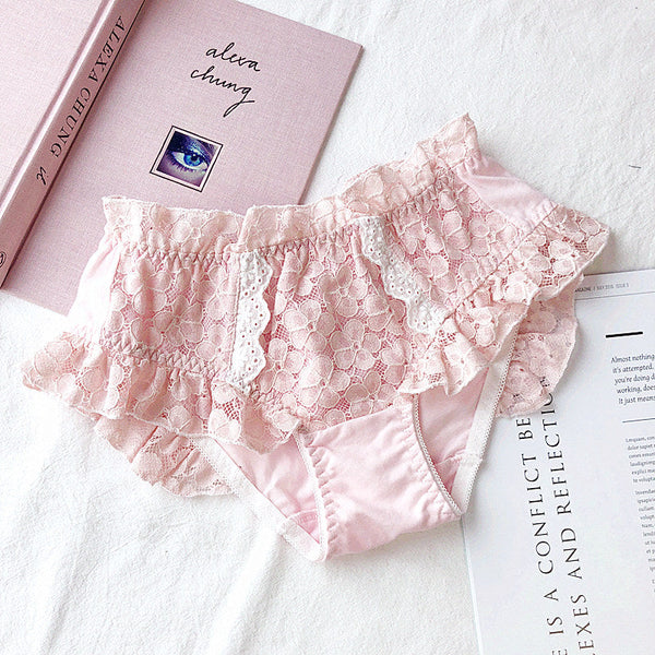 Peach Pink Vintage-Aesthetic Lace Ruffle Kawaii Lolita Nymphet Lingerie Set 