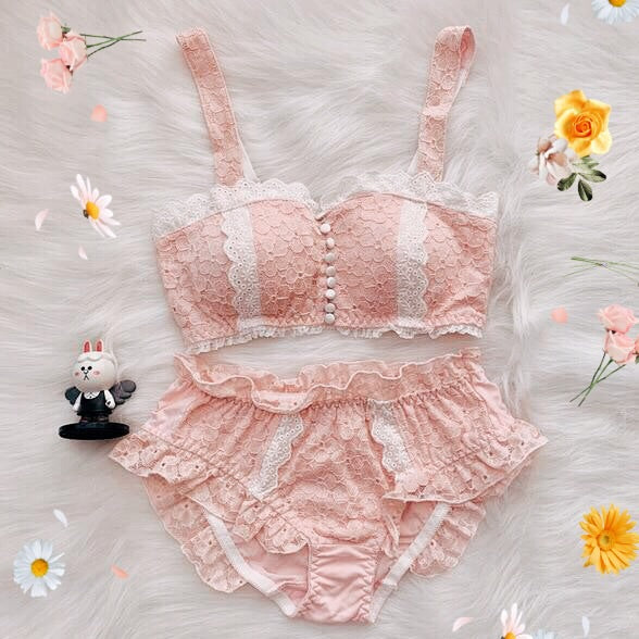 Peach Pink Lace Ruffle Kawaii Lolita Nymphet Lingerie Set Underwear