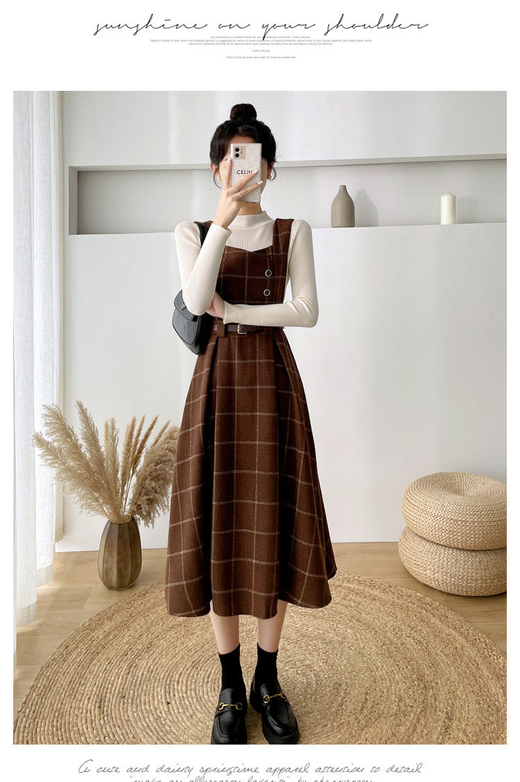 Long Plaid Wool Pinafore Dress 3836 – XiaoLizi