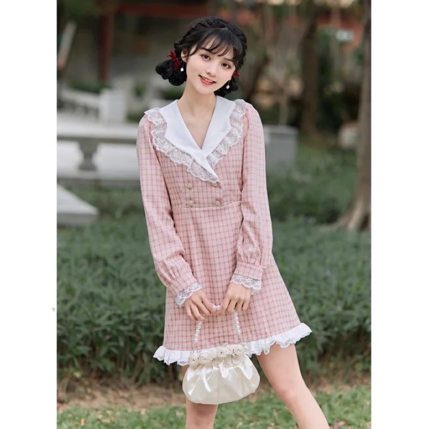Pink Spice Plaid Kawaii Princess Mini Dress 