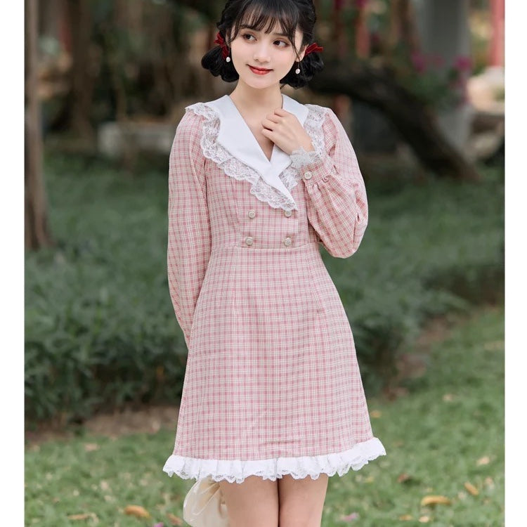 Pink Spice Plaid Kawaii Princess Mini Dress 