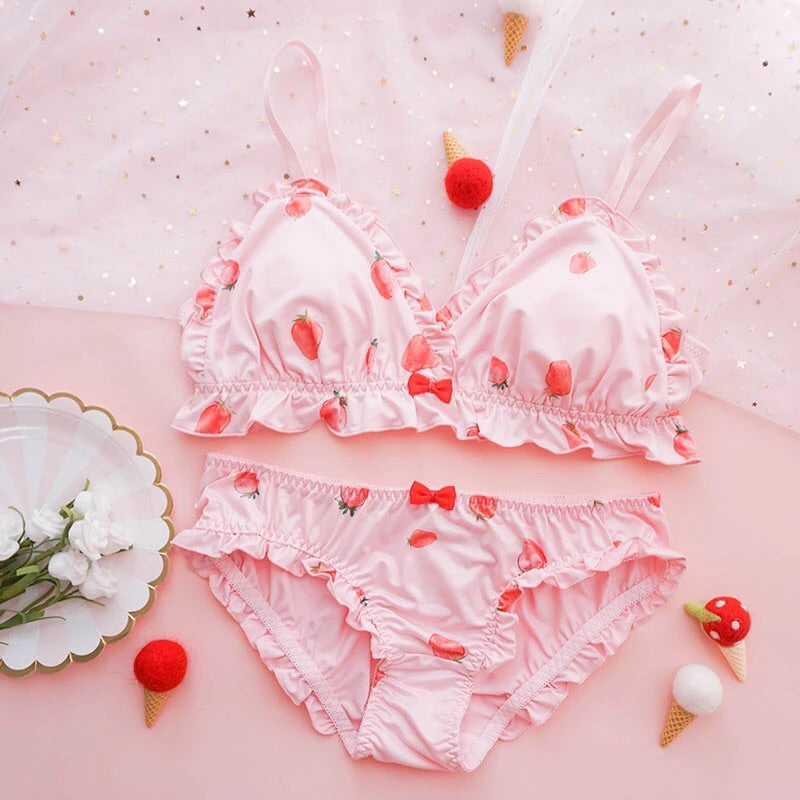 Pink Strawberry  2-piece Kawaii Lolita Nymphet Lingerie Set 