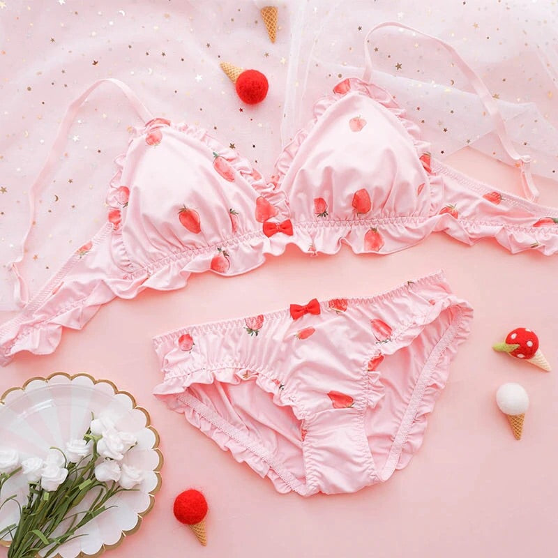 Pink Strawberry  2-piece Kawaii Lolita Nymphet Lingerie Set 