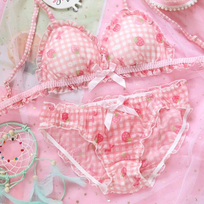 Kawaii Strawberry Plaid Bra And Panty Set Back Soft And Sexy Lolita Lingerie  For Girls Pink, Wirefree From Kong00, $30.2