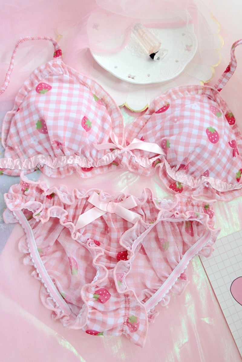 Pink Strawberry Kawaii Lolita Nymphet Lingerie Set Kawaii Clothing