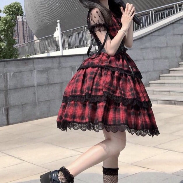 Plaid Gothic Lolita Lace Ruffle Dress Gothic Lolita Fashion Kawaii Dress