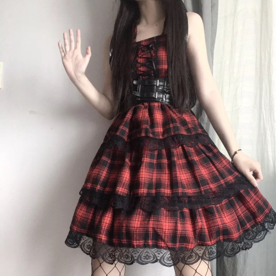 Plaid Gothic Lolita Lace Ruffle Dress 