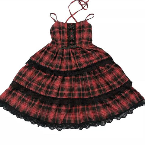 Plaid Gothic Lolita Lace Ruffle Dress 