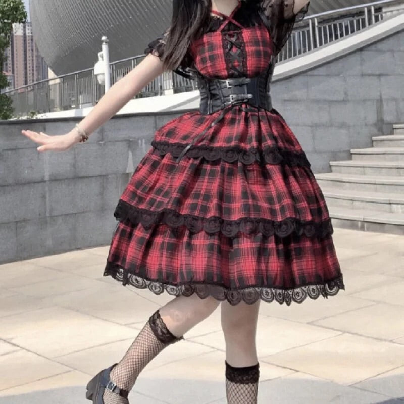 Plaid Gothic Lolita Lace Ruffle Dress Gothic Lolita Fashion Kawaii