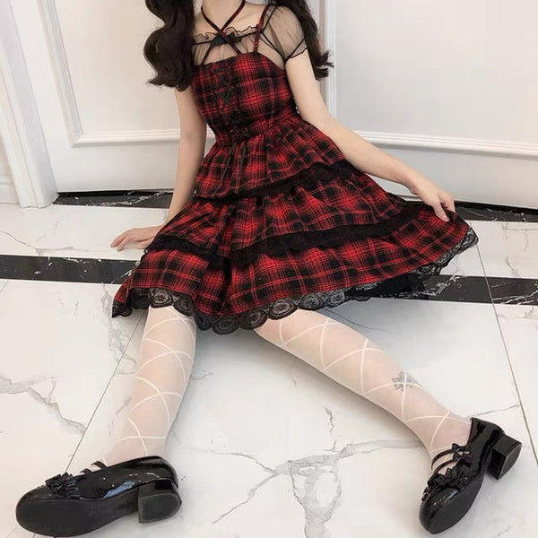 Plaid Gothic Lolita Lace Ruffle Dress 