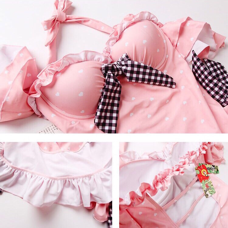 Plaid Kawaii Ruffle Off-Shoulder One Piece Lolita Swimsuit 