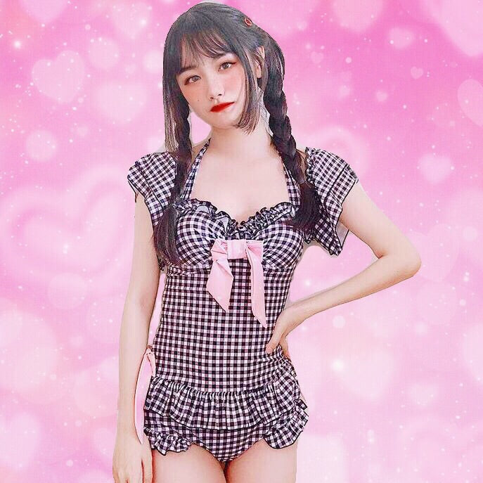 Plaid Kawaii Ruffle Off-Shoulder One Piece Lolita Swimsuit 