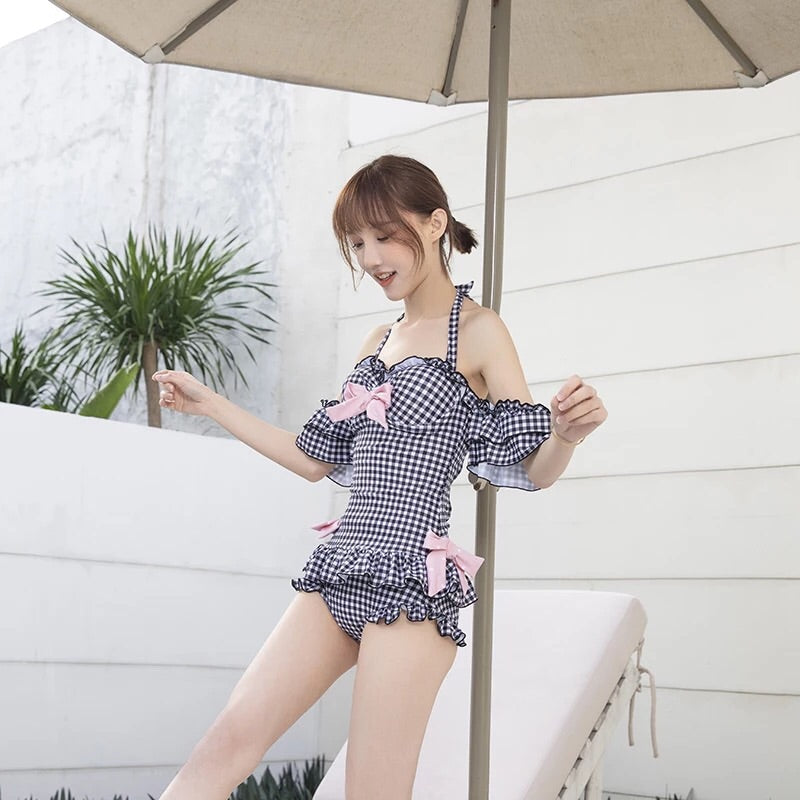 Plaid Kawaii Ruffle Off-Shoulder One Piece Lolita Swimsuit 
