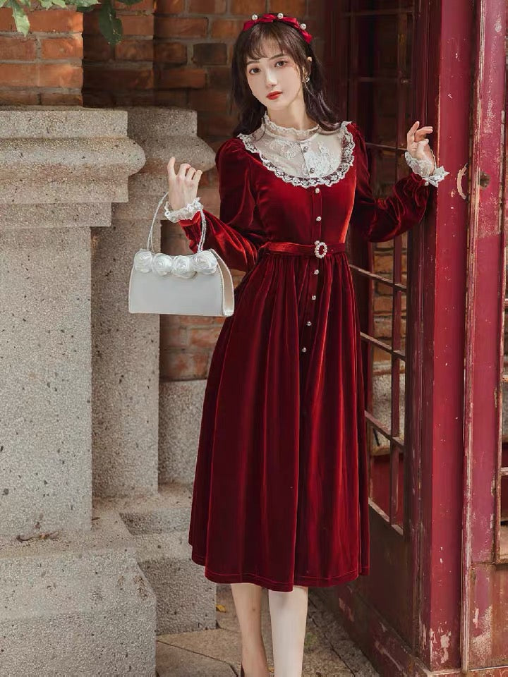 Romantic Adventure Royalcore Red Velvet Dress 