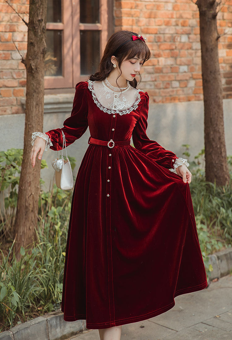 Romantic Adventure Royalcore Red Velvet Dress 