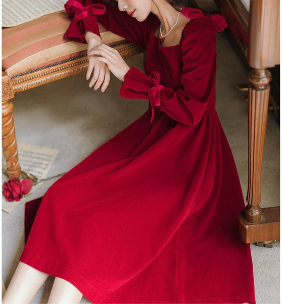 Rosalie Romantic Academia Red Velvet Vintage-style Dress 