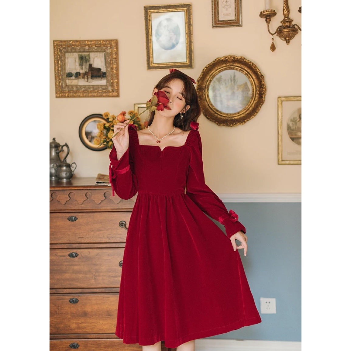 Rosalie Romantic Academia Red Velvet Vintage-style Dress 