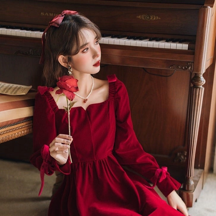 Rosalie Romantic Academia Red Velvet Vintage-style Dress 