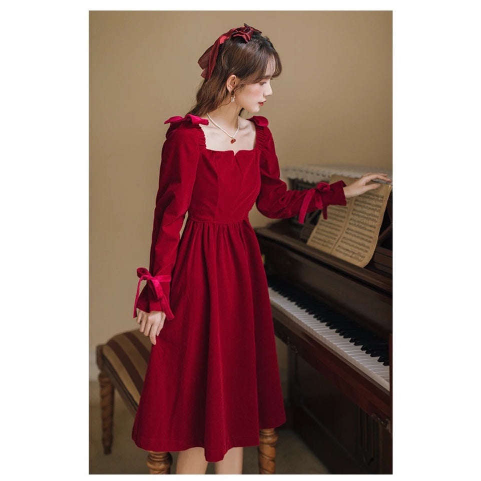 Rosalie Romantic Academia Red Velvet Vintage-style Dress 