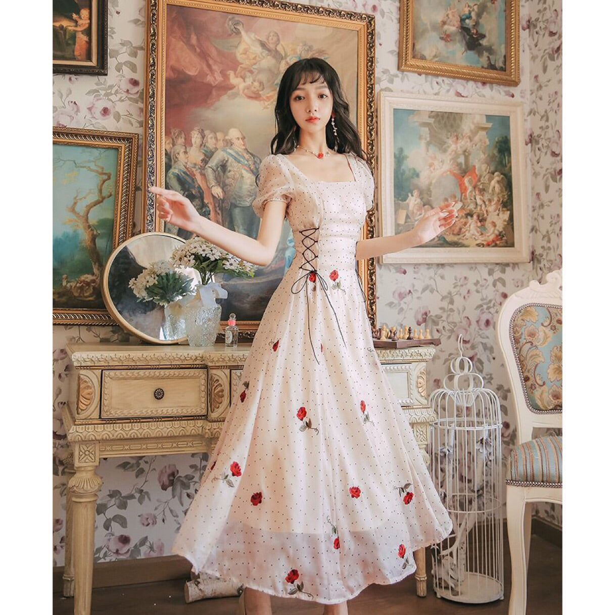 Rose Blossom Flower Embroidered Summer Princess Dress 