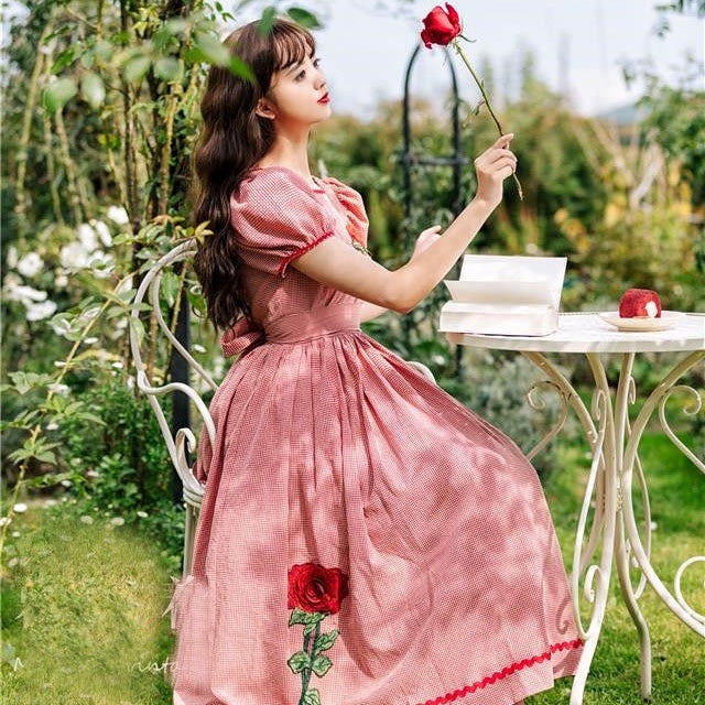 Rose Cupcake Plaid Rose Embroidery Cottagecore Dress 