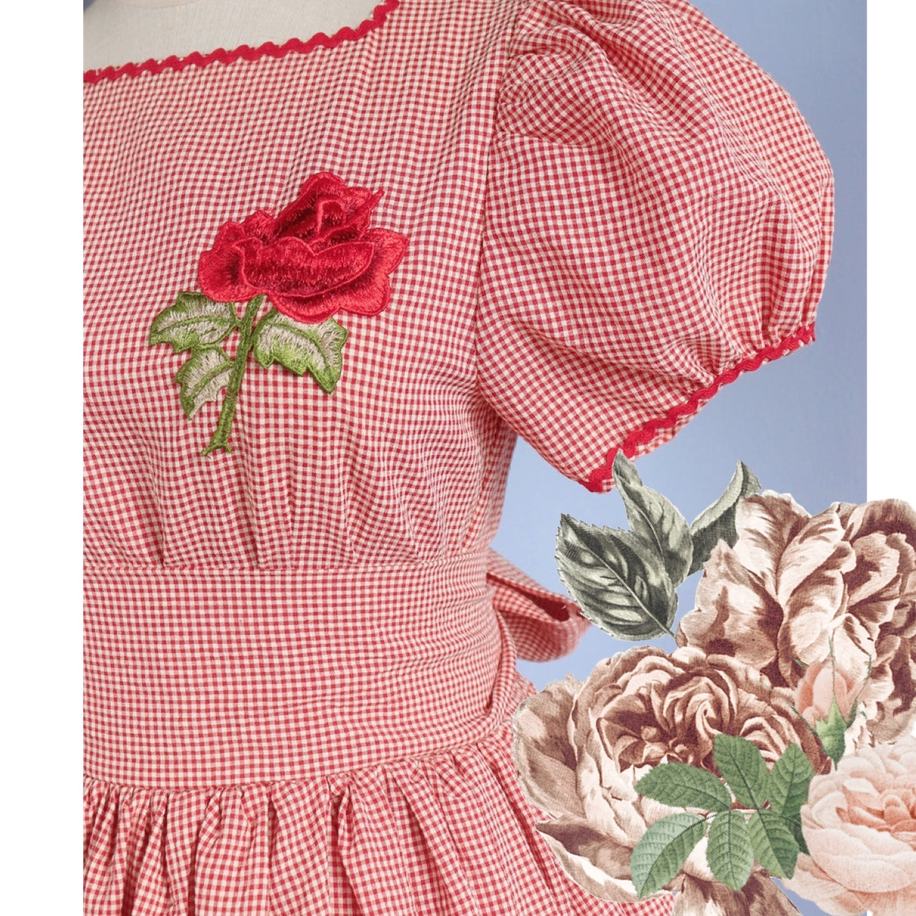 Rose Cupcake Plaid Rose Embroidery Cottagecore Dress 