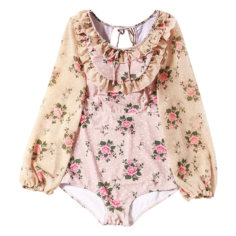 Rose Swim Vintage-Style Floral Long Sleeve One Piece Swimsuit 