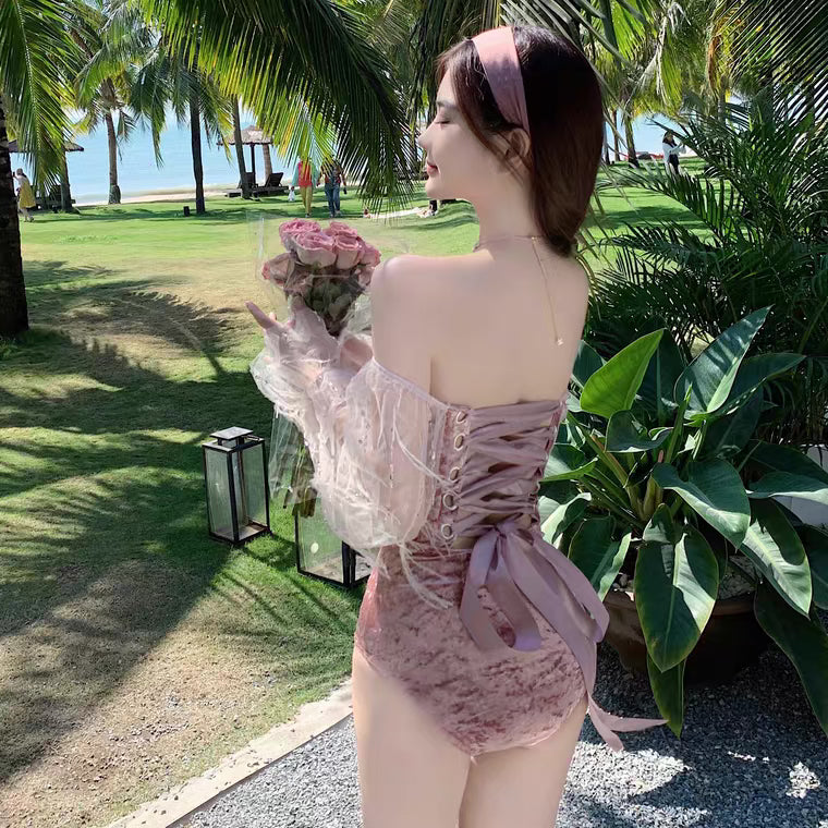 RoseHoney Velvet Ribbon One Piece Swimsuit 