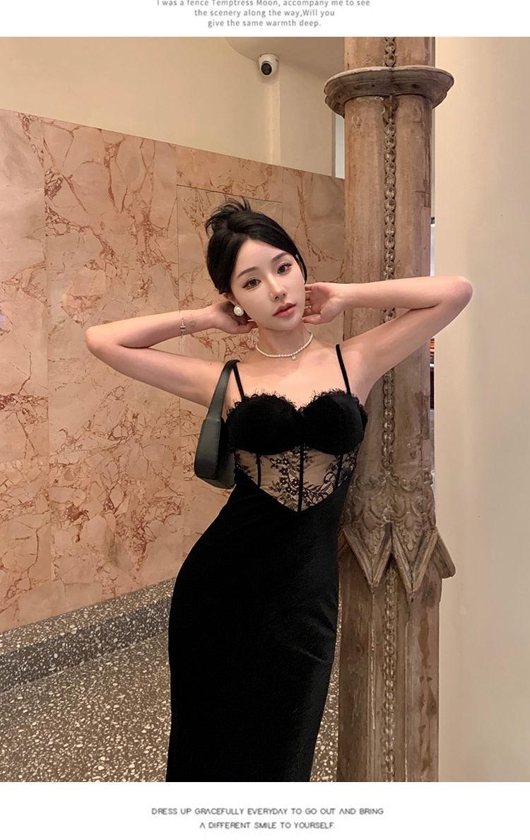 Brenna Black Velvet Vampy Lace Slip Dress