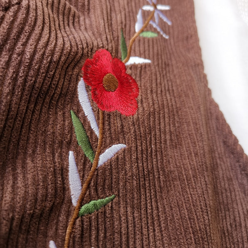 Meadow Petal Corduroy Flower Embroidered Cottagecore Dress - Deer Doll