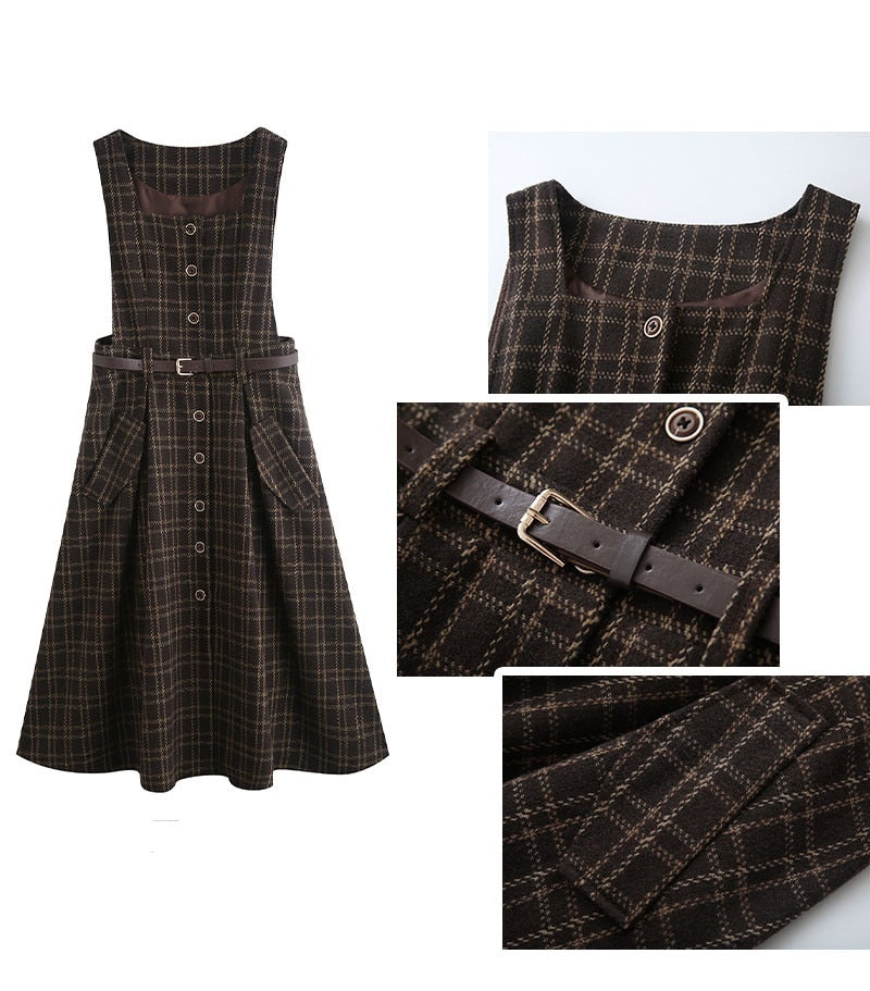 Sorrell Dark Academia Plaid Wool Pinafore Dress