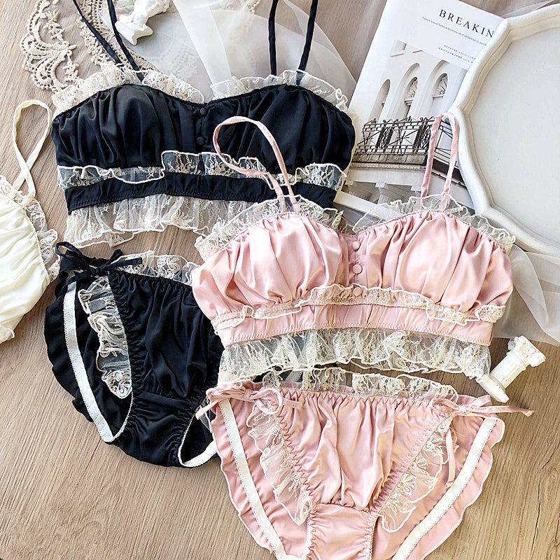 Satin Lace Vintage Aesthetic 2-piece Kawaii Princess Lolita Nymphet Lingerie Set 